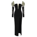 Trendy Beads Appliques Design Bandage Long Dress Women Sexy Off Shoulder Celebrity Party Club Dress
