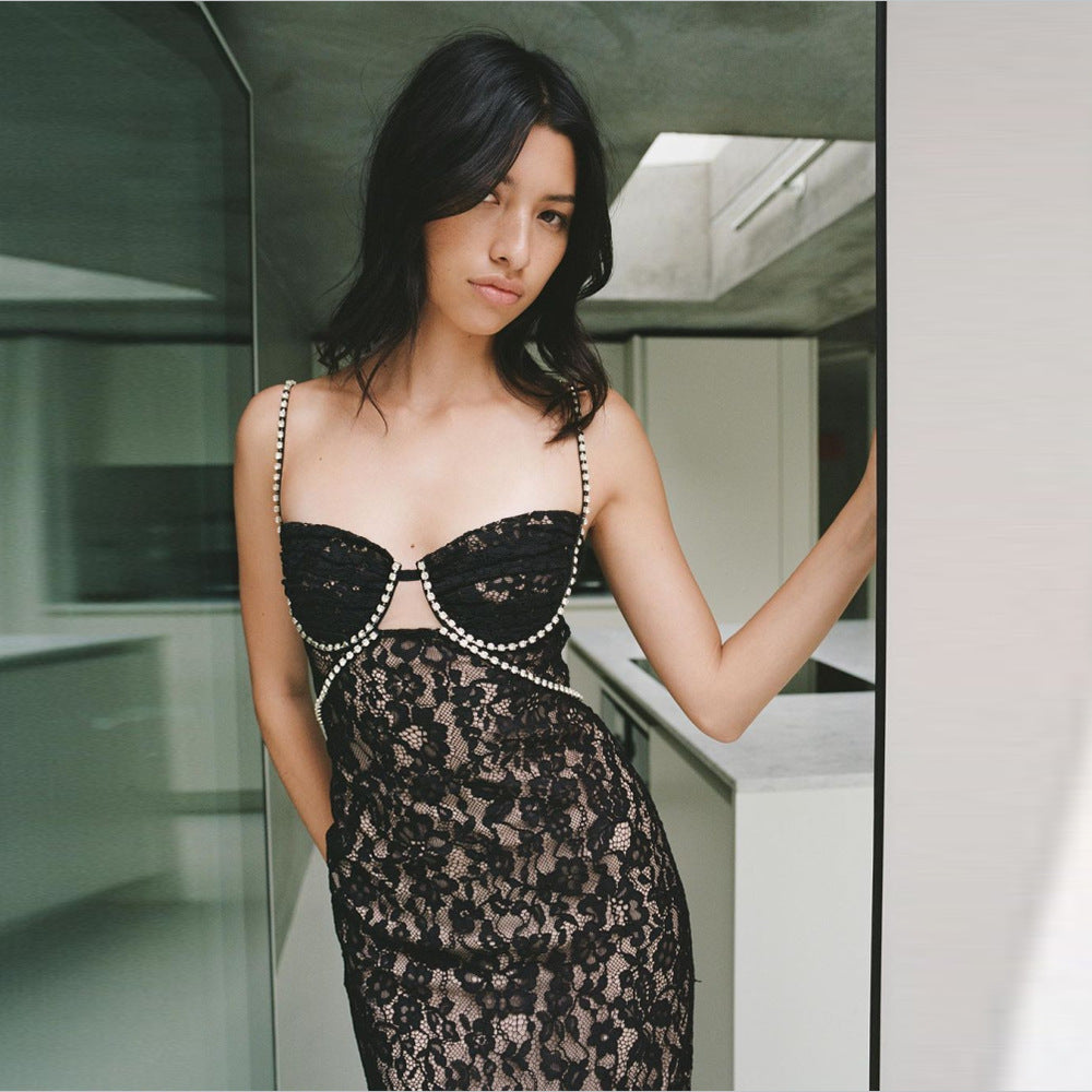 New Black Lace Suspender With Diamond Metal Chain High Luxury Sexy Waist Dress Feminine Temperament