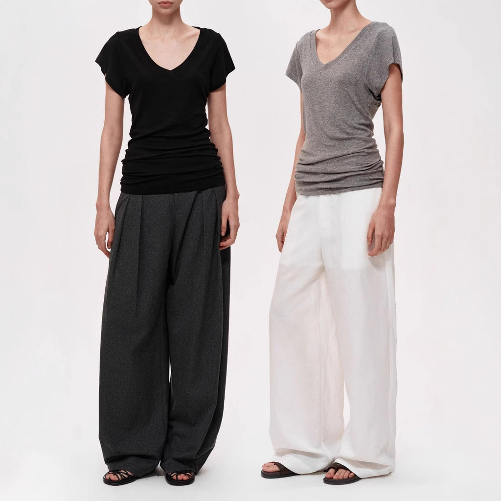 Simple Layered Design Deep V-Neck Short Sleeve T-Shirt Slim Fit Collarbone Revealing Top