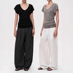 Simple Layered Design Deep V-Neck Short Sleeve T-Shirt Slim Fit Collarbone Revealing Top