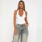 White Lace Frill Halter Backless Design Slimming Tie-Back Camisole