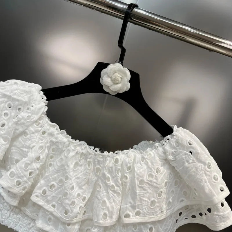 Embroidery Patchwork Two-piece Sets Summer New Square Collar Short Sleeve Ruffles T-shirt + Mini Skirts Elegant