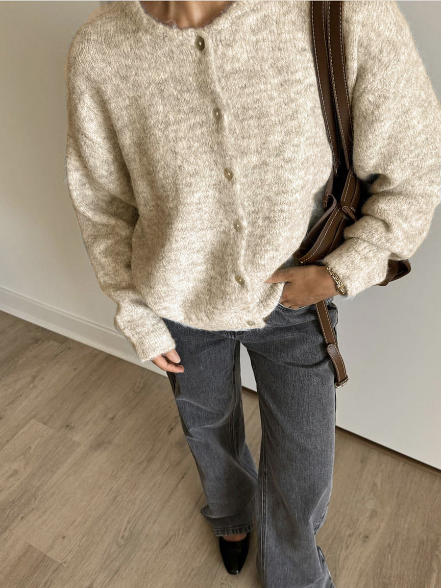 White Knit Cardigan Women's Vintage Shell Button Grey Wool Sweater Jacket Ins Style