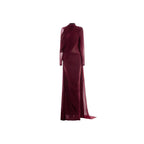 Red high neck pleated metal decorative cape dress