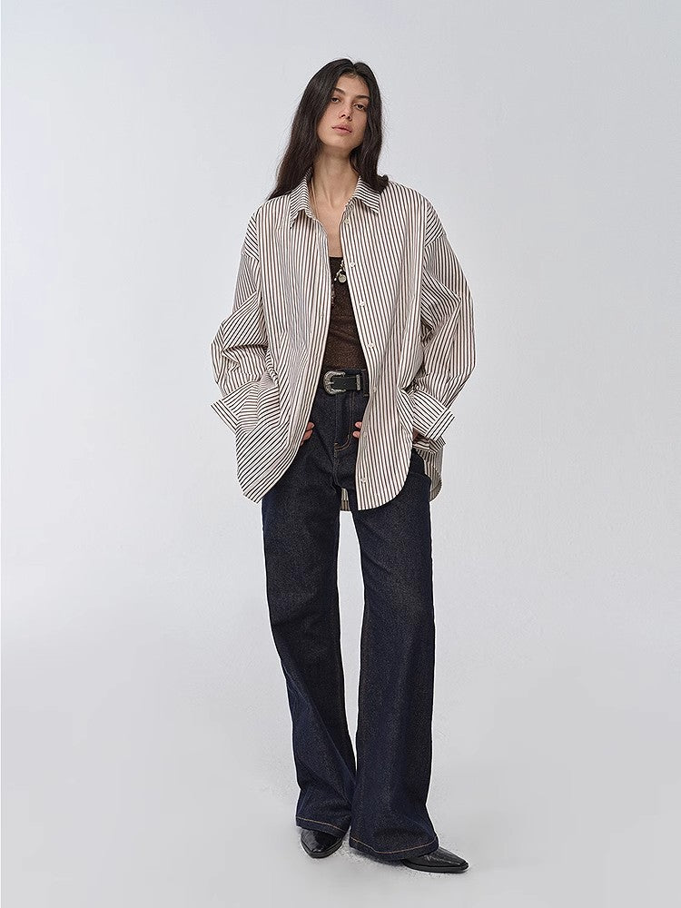 "Striped Fantasy" Casual Asymmetric Slanted Front Two-Wear Striped Long Sleeve Shirt