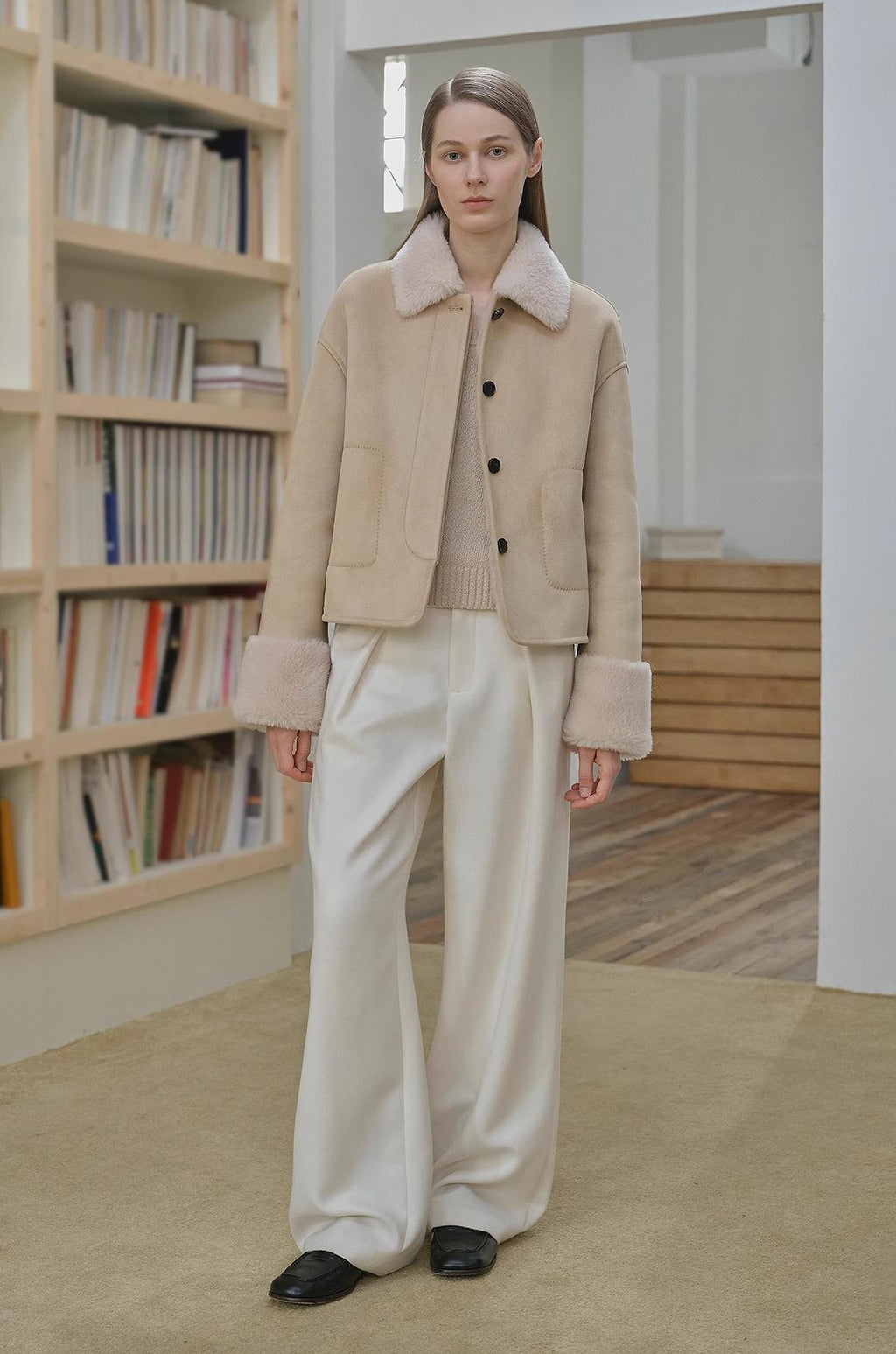 "Slightly Sweet Latte" Furry Lapel Wool Artificial Compound Suede Casual Straight Shearling Jacket