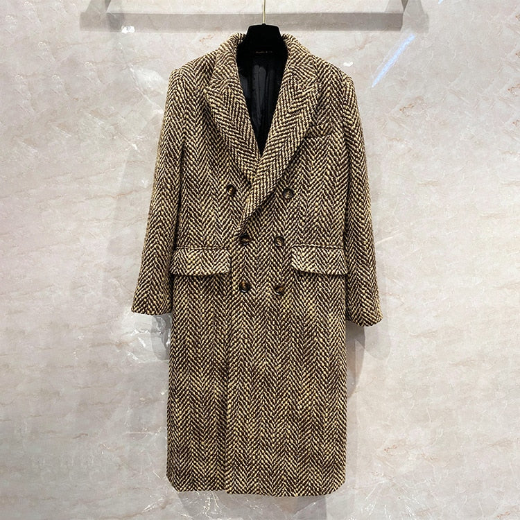 New Retro Herringbone Mohair Coat Women's Woolen Tweed Over The Knee Suit Collar Long Coat