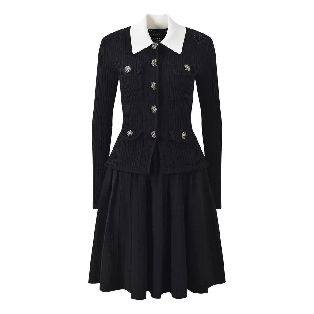 French Style Tweed Pattern Short Sleeve Turn-Down Collar Knitted Pleated Mini Dress