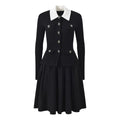 French Style Tweed Pattern Short Sleeve Turn-Down Collar Knitted Pleated Mini Dress
