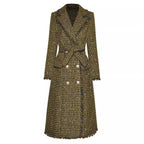 Golden plaid medium to long-length trench coat with a sense of design