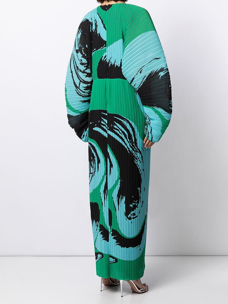 Pleated Hand Painted Long Dress New Spring Summer Loose Women Long Sleeves Designer Elegant Fashion Clothes