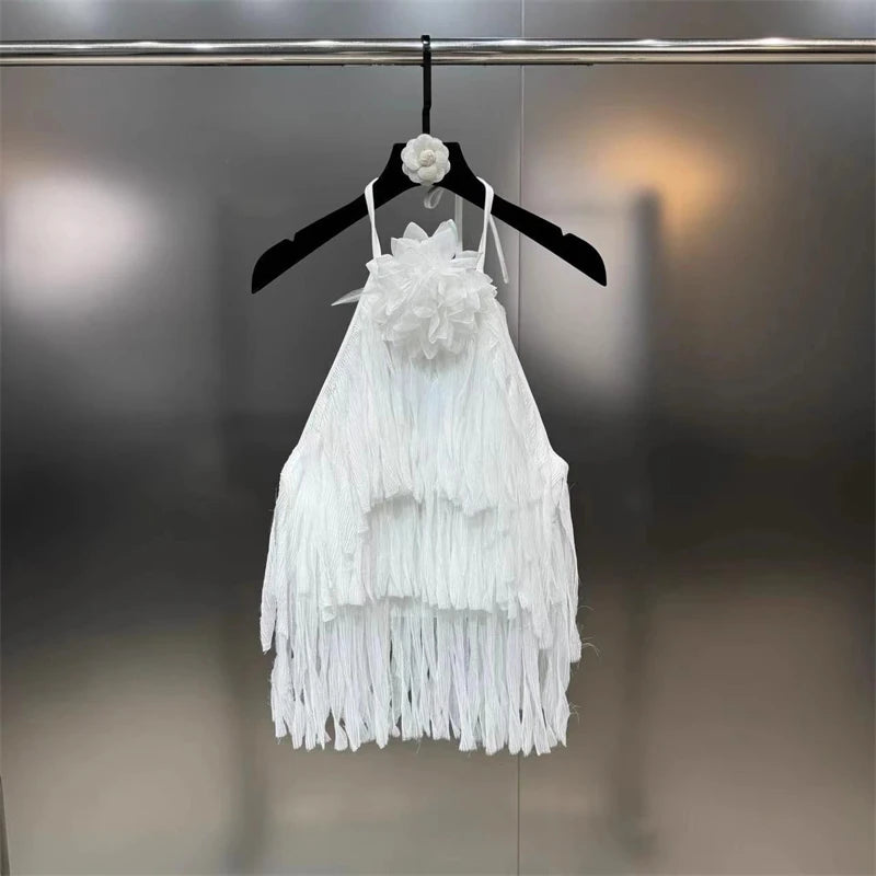 Summer new women's 3D three-dimensional flower decoration halter neck backless tassel streamer vest y2k fashion sexy holiday top