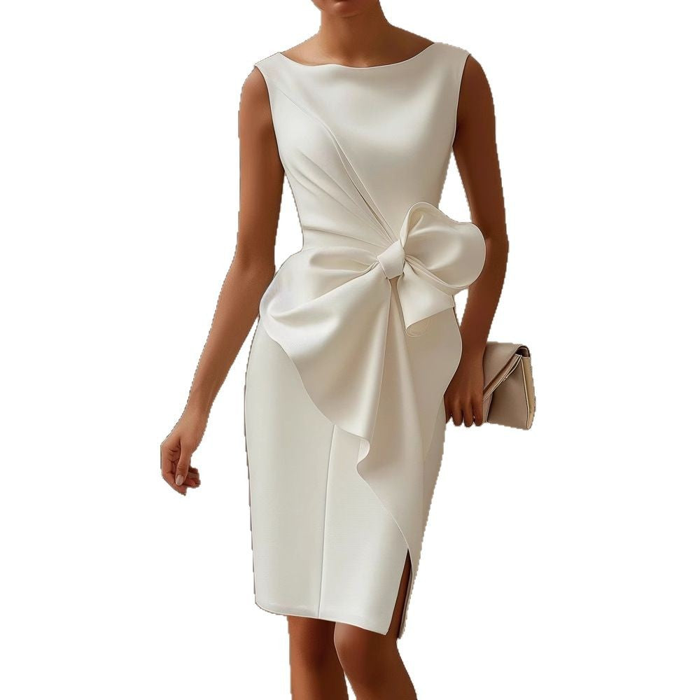 Elegant Butterfly Knot DressShort SleeveOne Shoulder Design A-Line SilhouetteWomen's Dress