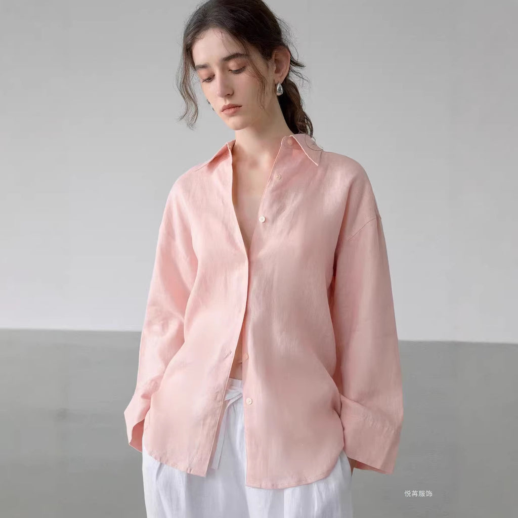 Linen-Blend Shirt Long Sleeve White Blouse Loose Fit Breathable and Cool