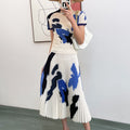 Pleated 2 Pieces Set For Women Round Neack Short Sleeves Slim Color Block Tops High Waist Fold Skirts