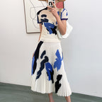 Pleated 2 Pieces Set For Women Round Neack Short Sleeves Slim Color Block Tops High Waist Fold Skirts