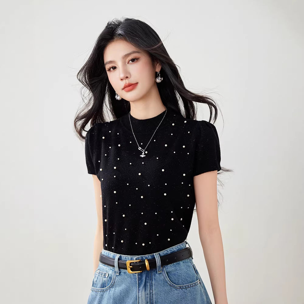 Chic Beaded Short Sleeve Knit Top for Women, Unique High Neck T-Shirt, French Style Elegant Blouse