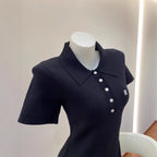 South Oil Style SDmiddot;Early Autumn Polo Collar Pleated Dress Solid Color Tennis Golf Women's Knit Dress