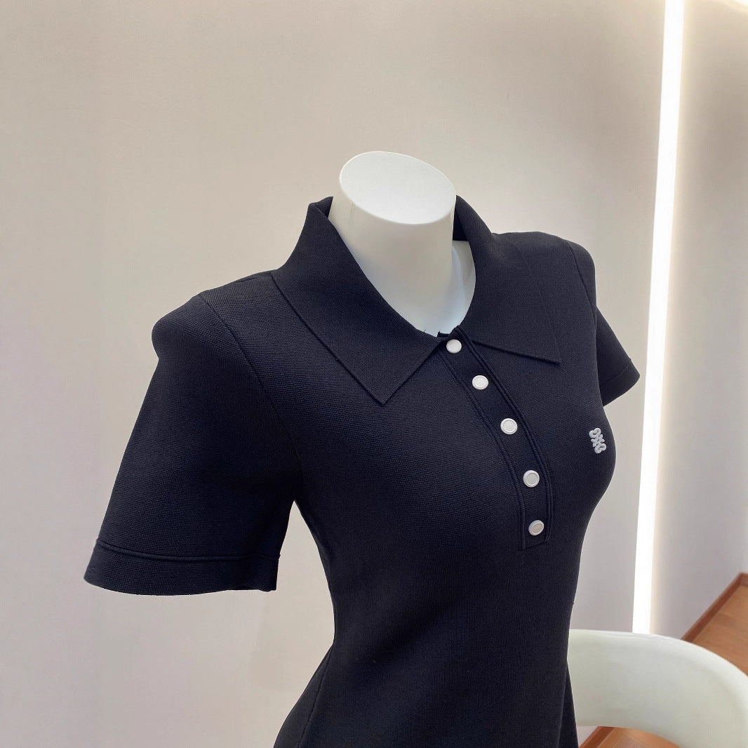 South Oil Style SDmiddot;Early Autumn Polo Collar Pleated Dress Solid Color Tennis Golf Women's Knit Dress