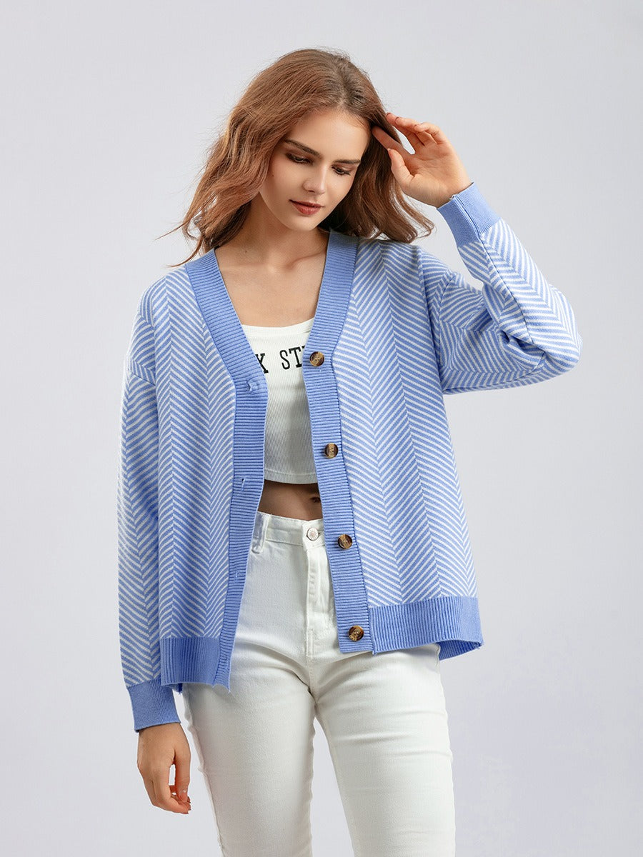 Women Tops Blue Knit Sweaters Love Heart Cardigan Female Chic V Neck Sweater