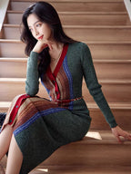 Runway Designer Dark Green Striped V-Neck Buttons Breasted Midi Knitting Dress New Fashion Autumn Winter Sweater