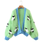 Little Sheep Sweater Coat New Handmade Coarse Needle Knitted Long Sleeve Cardigan