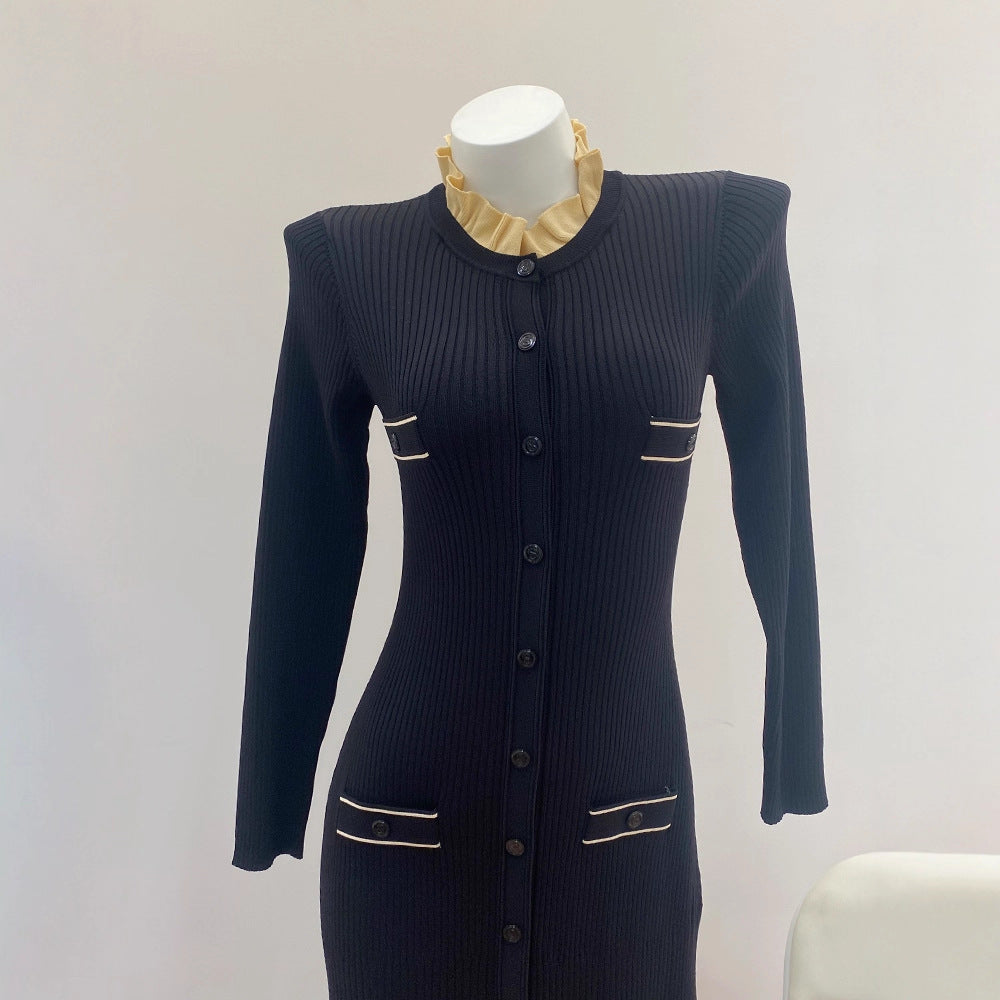 Chiffon Trimmed Collar Black Knitted Fitted Dress for Women