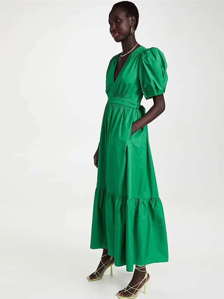 Elegant Solid Puff Sleeve Dress Office Lady Light luxury Deep V Woman Leisure ComfortableMidi A-line Casual Ruffle Dress