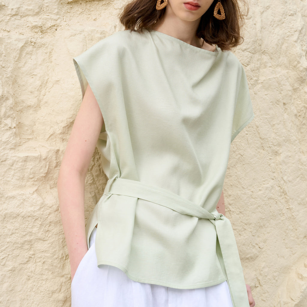 Elegant Loose Short Sleeve T-Shirt for Women - High-End Tencel Linen Swing Collar Office Wear with Belt