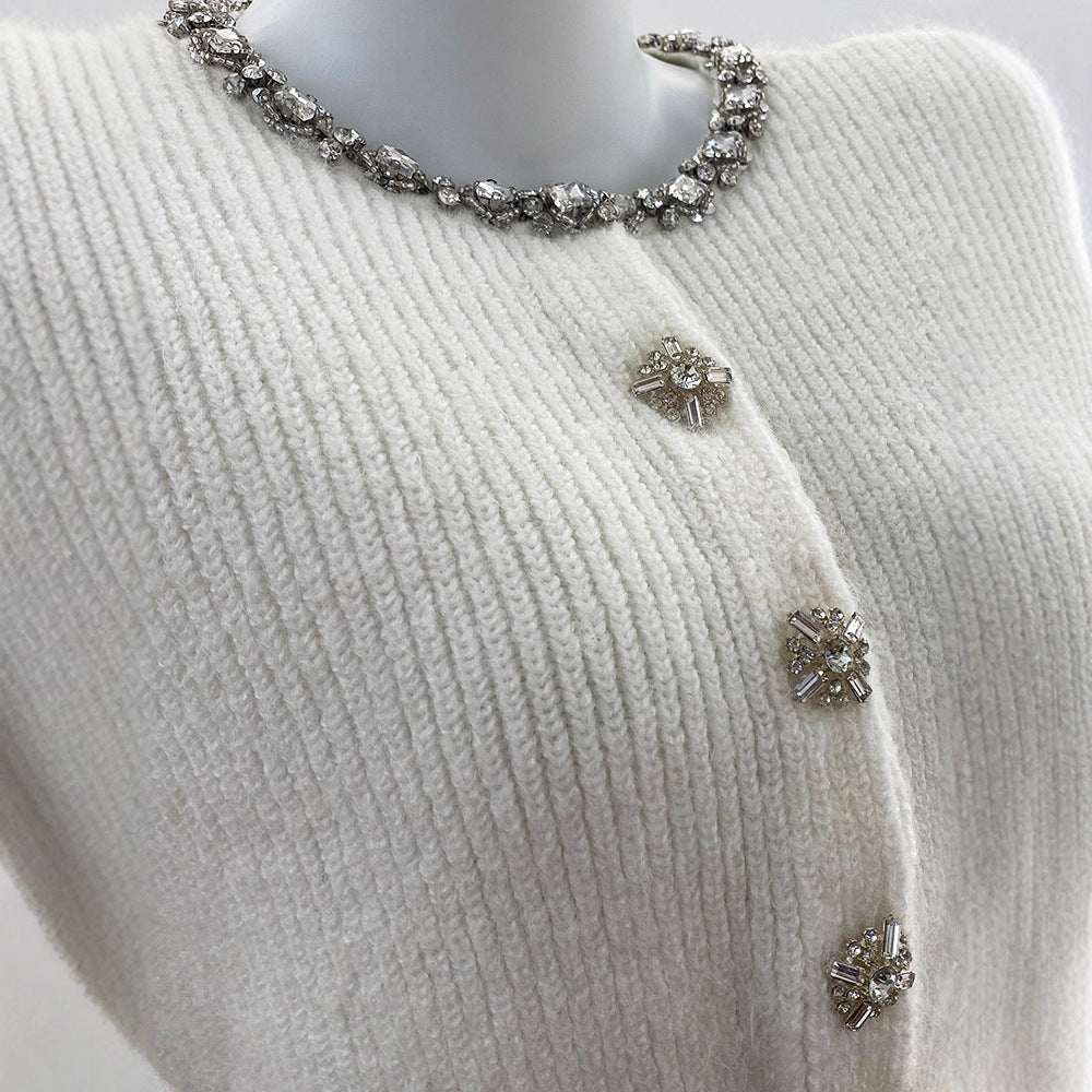 Charming Ivory White Rhinestone-Embellished Short Knit Cardigan with Round Neck Long Sleeve Sweater Top