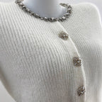 Charming Ivory White Rhinestone-Embellished Short Knit Cardigan with Round Neck Long Sleeve Sweater Top