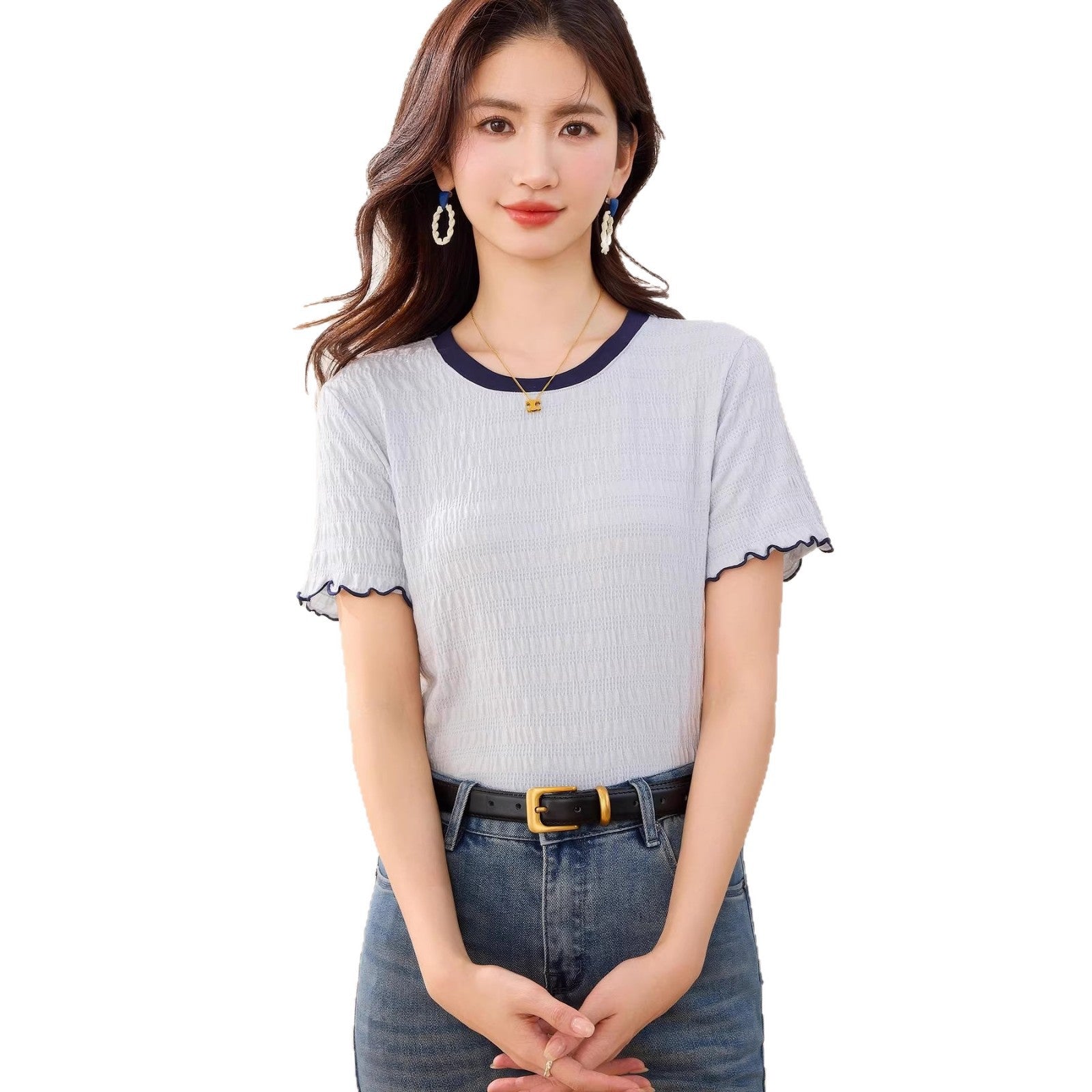 Ruffled Color-Blocked Short Sleeve T-Shirt for Women Fashionable Slim Fit Design, Stylish Top