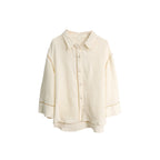 Cotton Gauze Shirt Women Hollow Design Long Sleeve Loungewear Blouse Loose Top Turn-Down Collar Air Conditioning Shirt