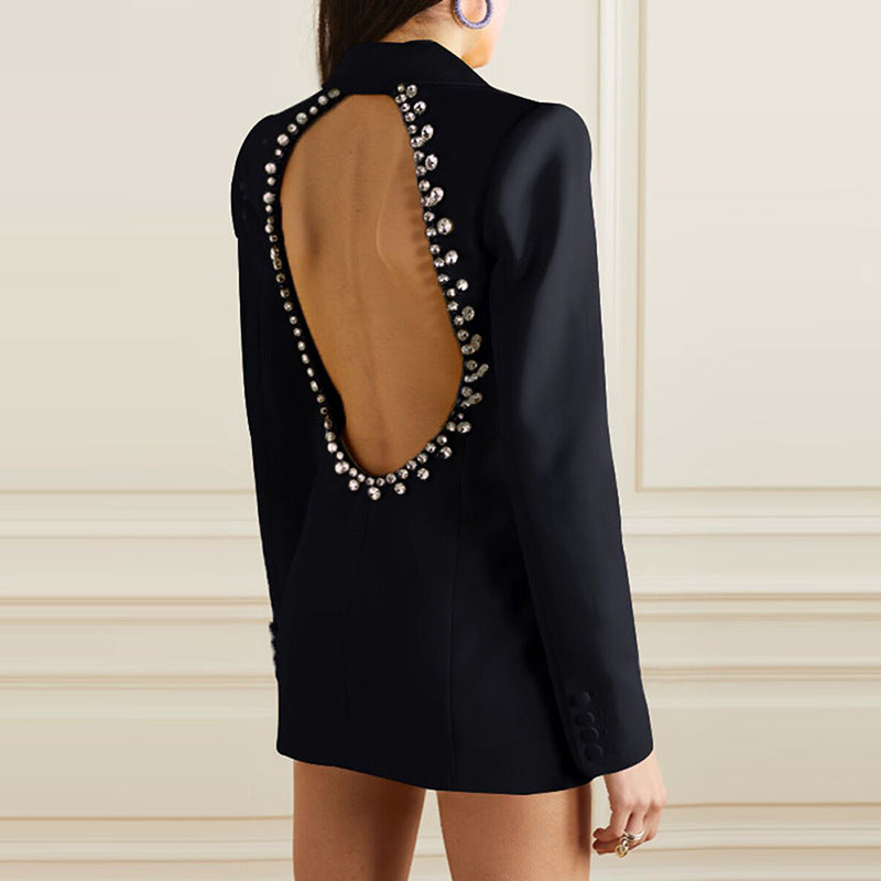 Unique Designer Sexy Backless Blazer for Women Runway Designer Elegant Black Jacket Autumn New in Outwears