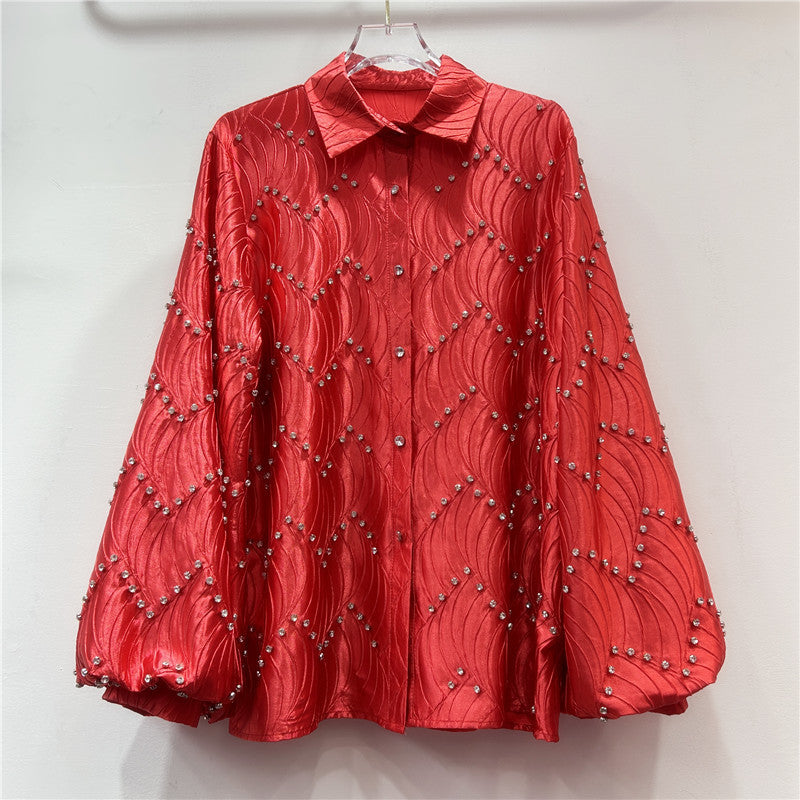 Heavy industry diamond inlaid niche design loose and versatile women's western-style shirt top