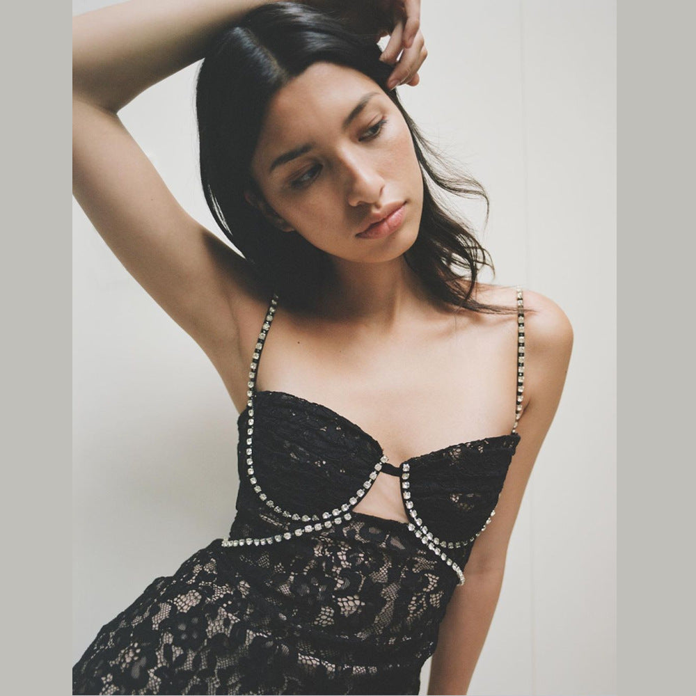 New Black Lace Suspender With Diamond Metal Chain High Luxury Sexy Waist Dress Feminine Temperament