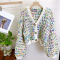 Women Multicolor Handknit Colorful V-neck Chunky Cardigan Warm Knit Sweater Top Autumn Winter New in Women Clothes