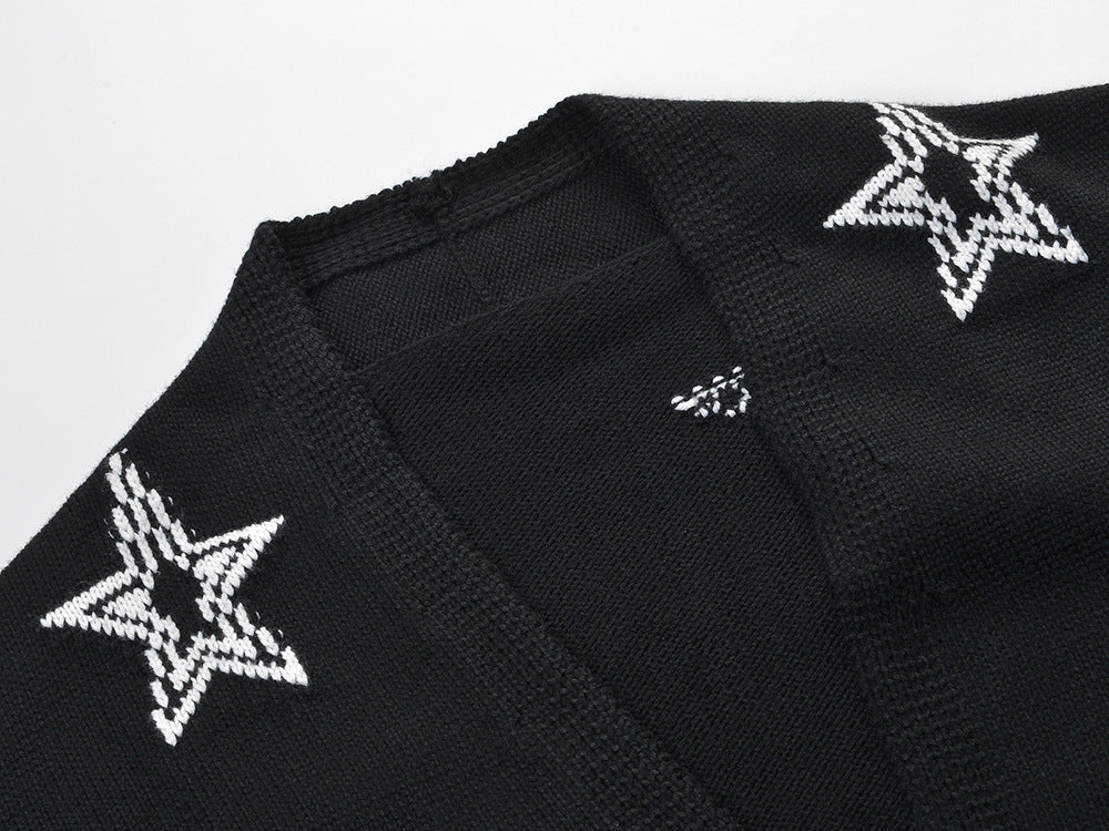 Luxury Star Printed Long Cardigans for Woman Autumn Oversized Black Knitted Sweater Mujer Korean Fashion