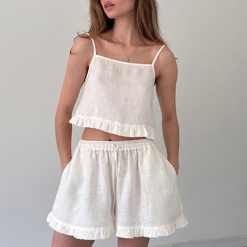 Linen Cotton Loungewear Set - Korean Style Lace Strap Top + Elastic Waist Shorts 2-Piece Set