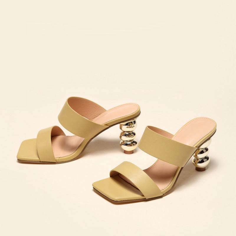 New Design Metal Strange High Heels Summer Women Slipper Elegant Square Toe Slip-On Sliders Shoes Ladies Sandals Size 42