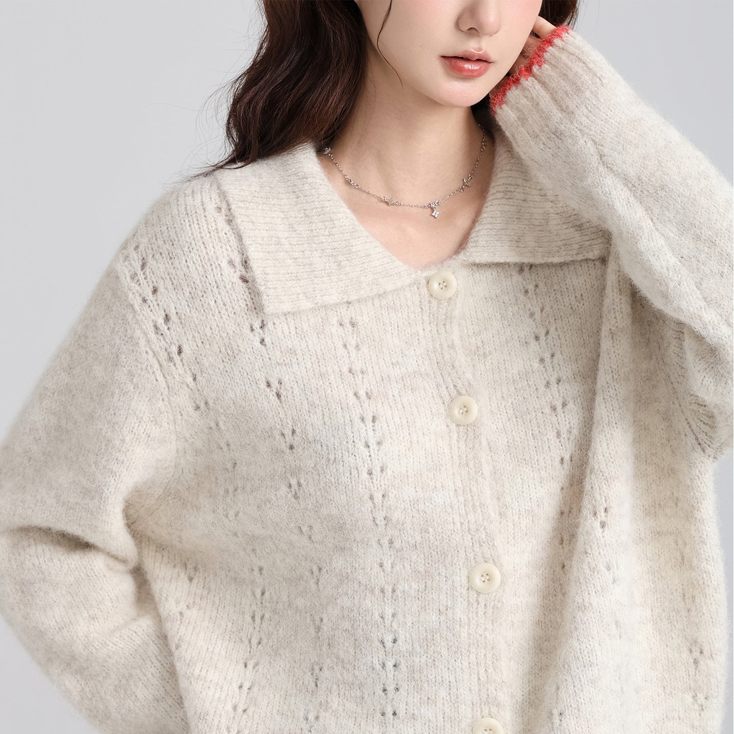Collar Color-blocked Thick Knit Long Sleeve Cardigan Sweater