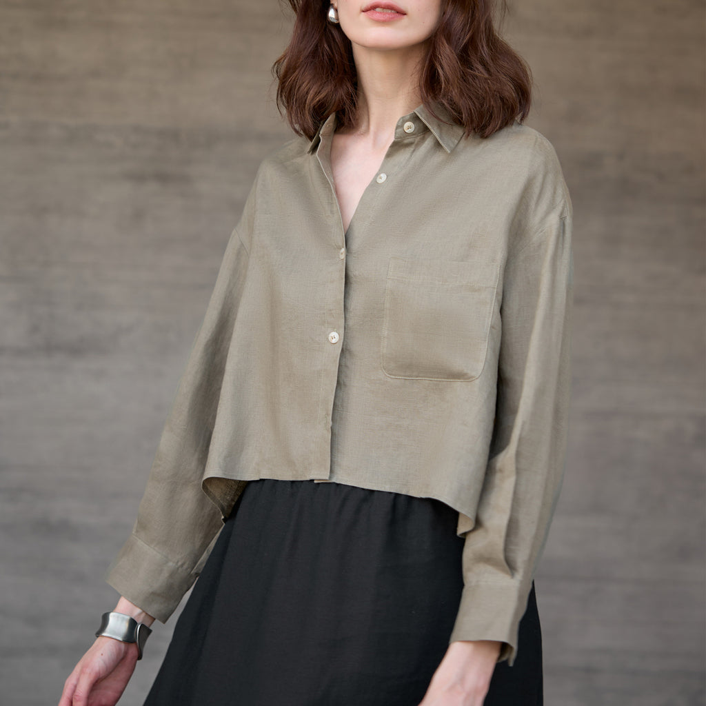 Pure Linen Long Sleeve Short Length Women's Commuter Style Solid Color Loose Cardigan Top French Chic Blouse