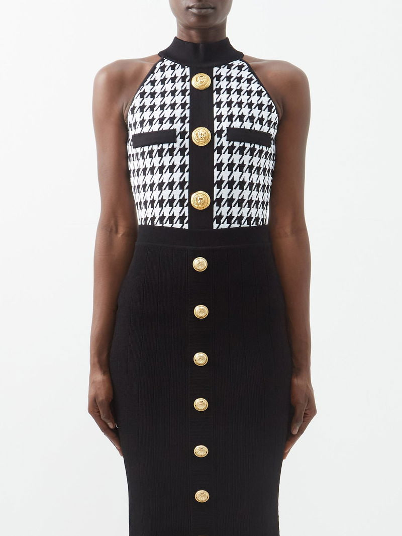 Buttoned Houndstooth Bodysuit