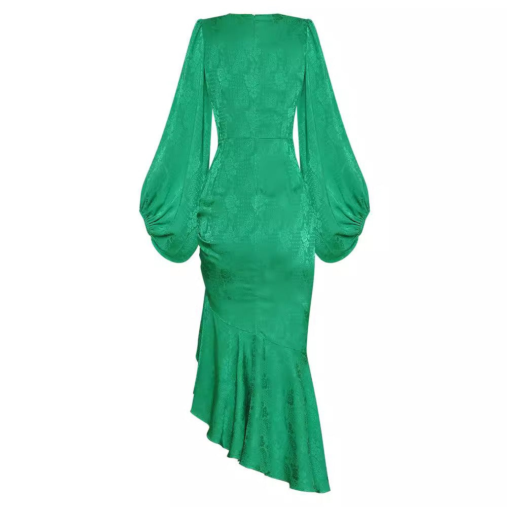 Round neck lantern sleeve printed waistband irregular fishtail dress long skirt