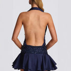 Hanging neck deep V-satin set with sequins, waist cinched ruffle edge short skirt two-piece set