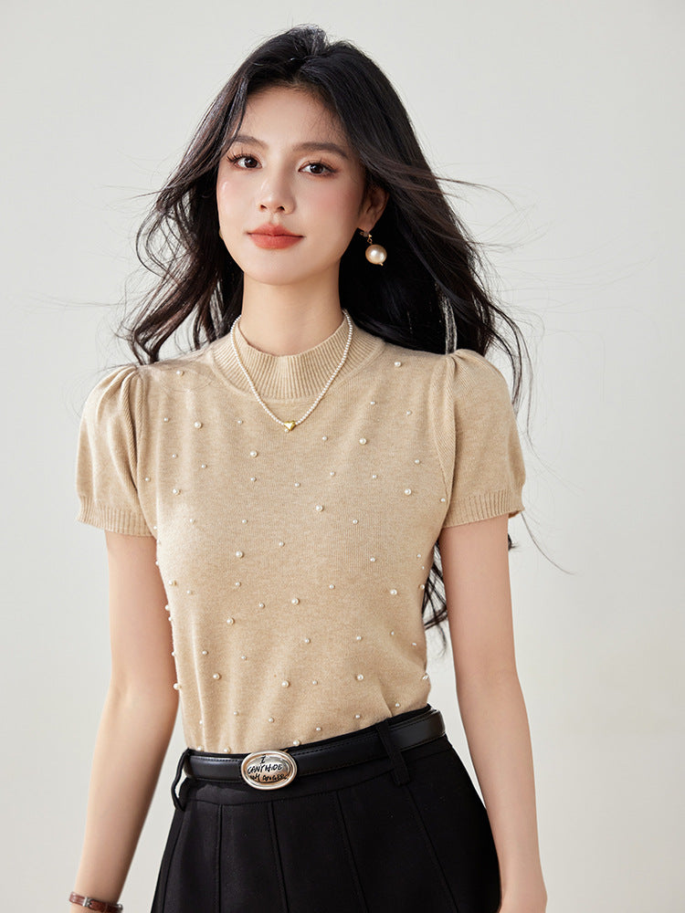 Chic Beaded Short Sleeve Knit Top for Women, Unique High Neck T-Shirt, French Style Elegant Blouse