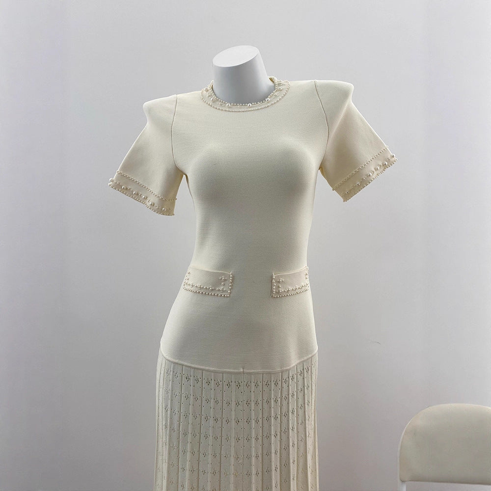 Customized Tea Dress with Embellished Beading Hollow Floral Pattern Short Sleeve Knit Women's Dress