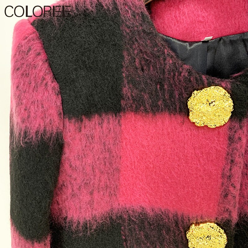 Pink Plaid Women Jacket 2023 Autumn Winter Luxury Gold Buttons Wool & Blends Coat Korean Fashion O-neck Short Chaqueta Mujer