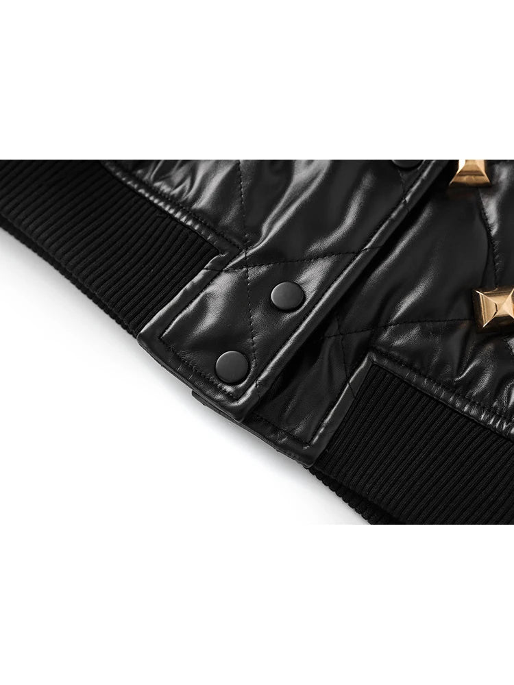 HIGH STREET Newest  Fall Winter Designer Jacket Women's Rivet Buckle Stand Collar Threaded Splicing Leather Jacket