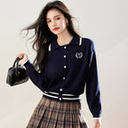 Academic Style Color-Blocked Embroidered Knit Cardigan Long Sleeve Polo Neck Casual Top Women